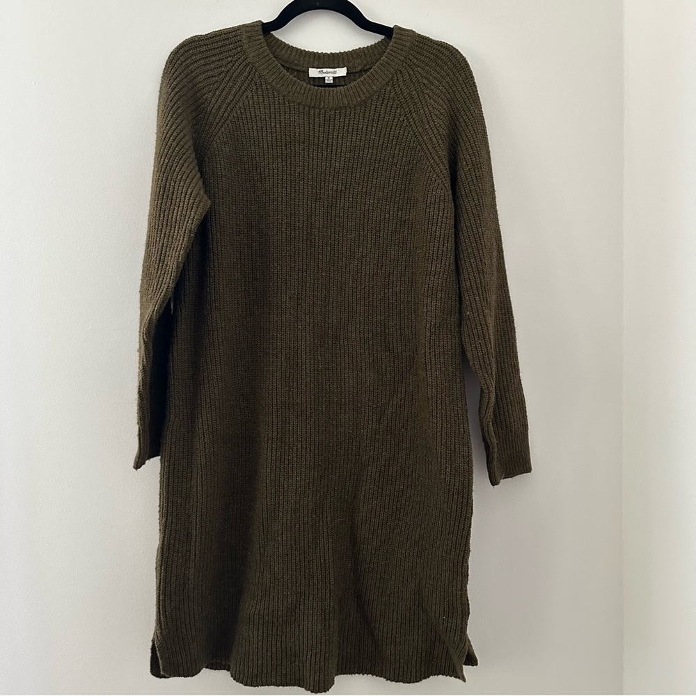 Madewell Wool Blend Curved Hem Long Sleeve Sweater Dress Olive Green Medium - Picture 3 of 7